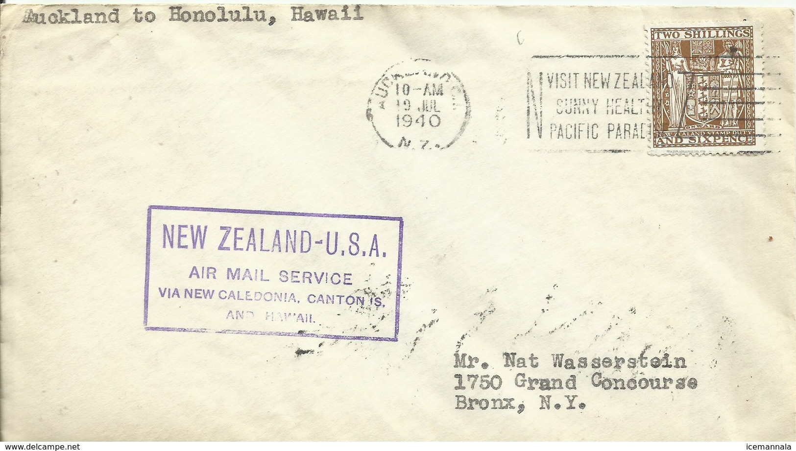 NUEVA ZELANDA, CARTA DIRIGIDA  A  BRONX  (N.Y.)  AÑO  1940 - Lettres & Documents