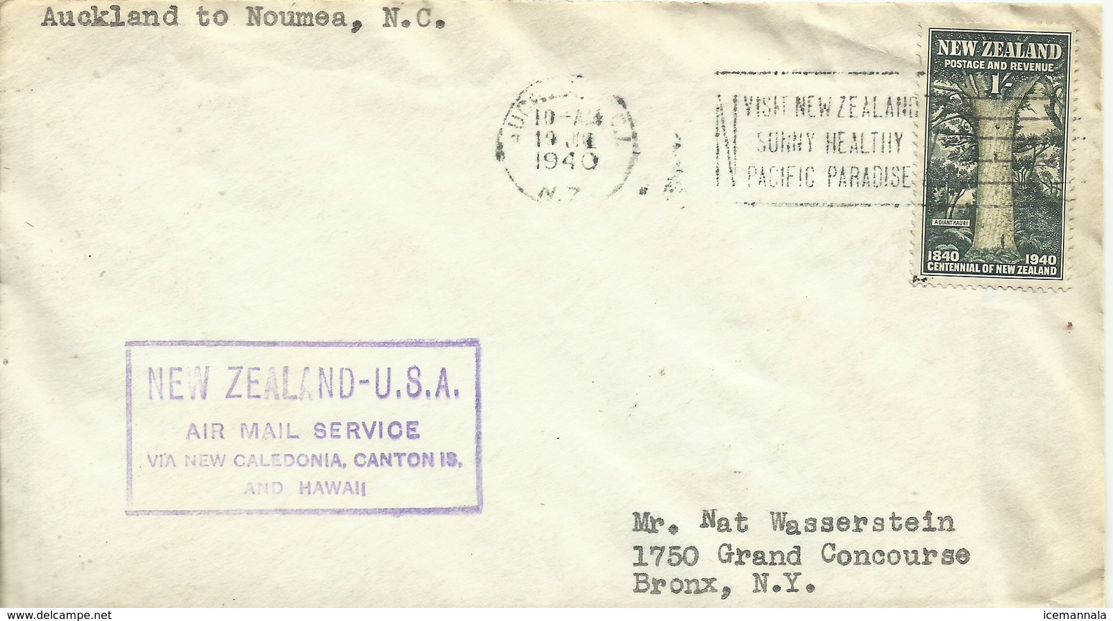 NUEVA ZELANDA, CARTA DIRIGIDA  A  BRONX  (N.Y.)  AÑO  1940 - Covers & Documents