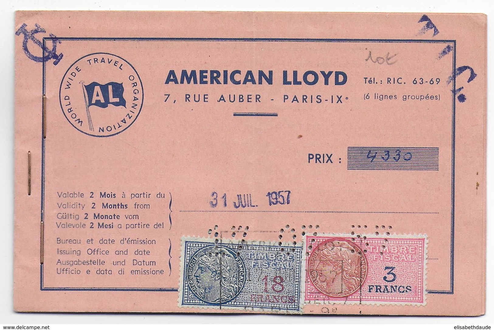 1957 - FISCAUX FRANCAIS PERFORES SUR CARNETS LLOYD De BILLETS De TRAIN ALLEMAND ESSEN à AACHEN - Autres & Non Classés