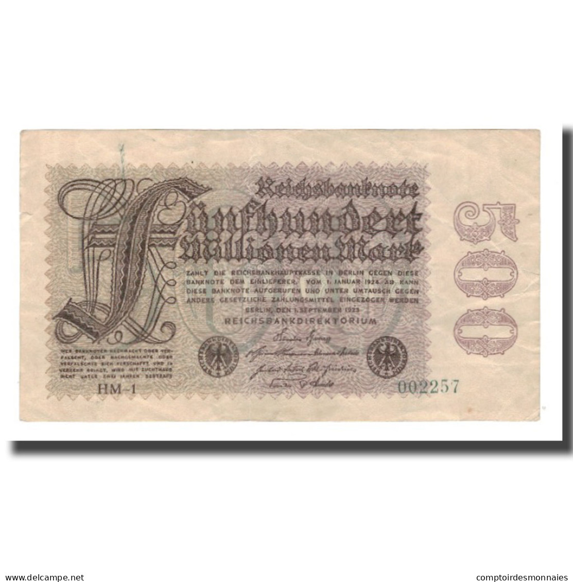 Billet, Allemagne, 500 Millionen Mark, 1923, 1923-09-01, KM:110a, TTB - 500 Miljoen Mark