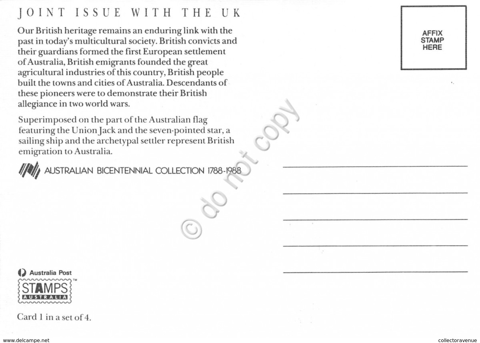 Cartolina Maximum Australia Joint Issue With UK Emigration 1988 - Non Classificati