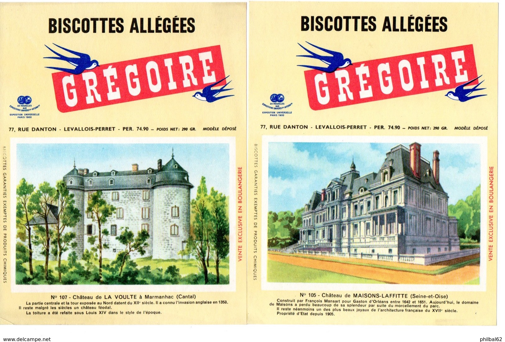 2 Buvards Biscottes Grégoire. N° 105, Château De La Voulte Et N° 107, Château De Maisons-Laffitte. - Biscottes