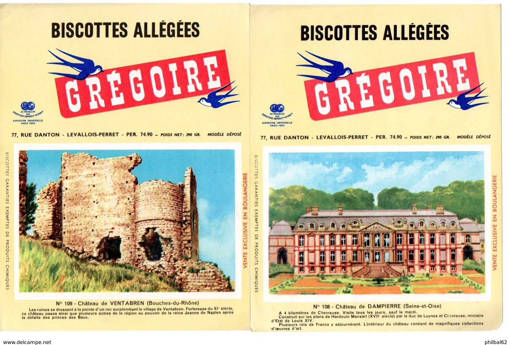 2 Buvards Biscottes Grégoire. N° 108, Château De Dampierre Et N° 108, Château De Ventabren. - Biscottes