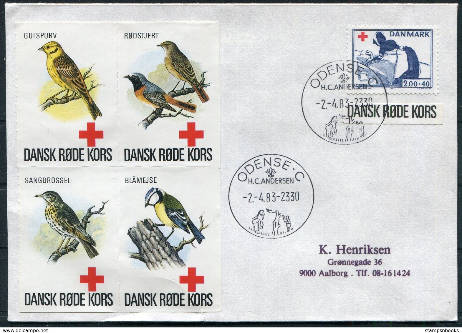 1983 Denmark Red Cross, HC Andersen Odense Birds Cover - Storia Postale