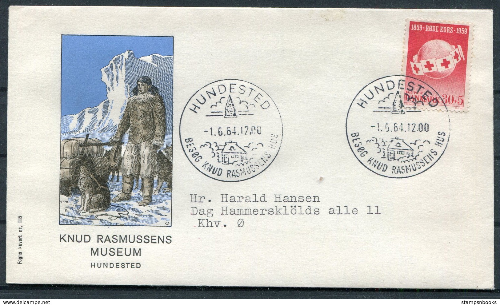 1964 Denmark Knud Rasmussens Museum Cover. Red Cross, Hundested - Storia Postale