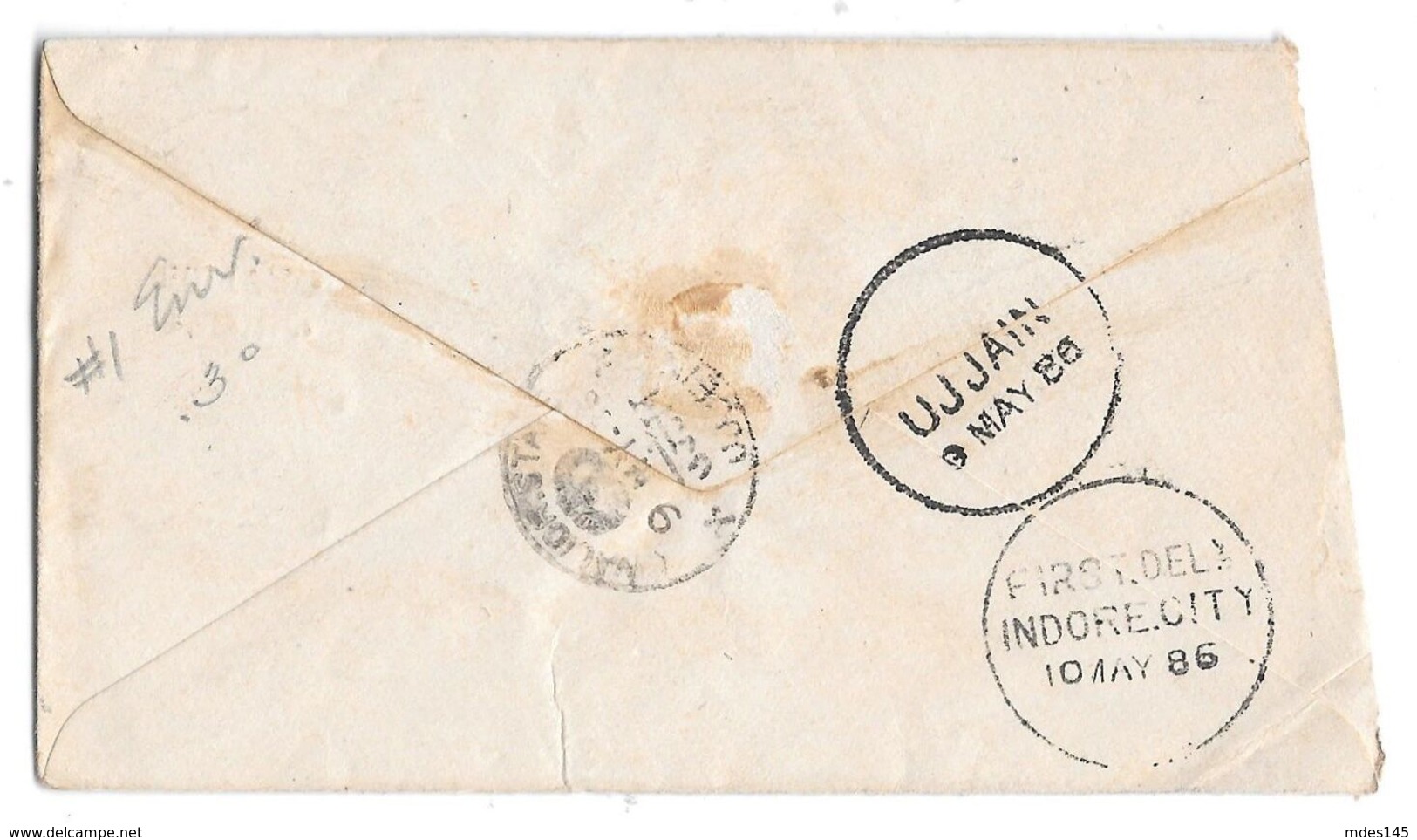 India Gwalior 1886 Postal Stationery Envelope Red Ovpt First Dely Indore UJJain Backstamps - 1882-1901 Empire