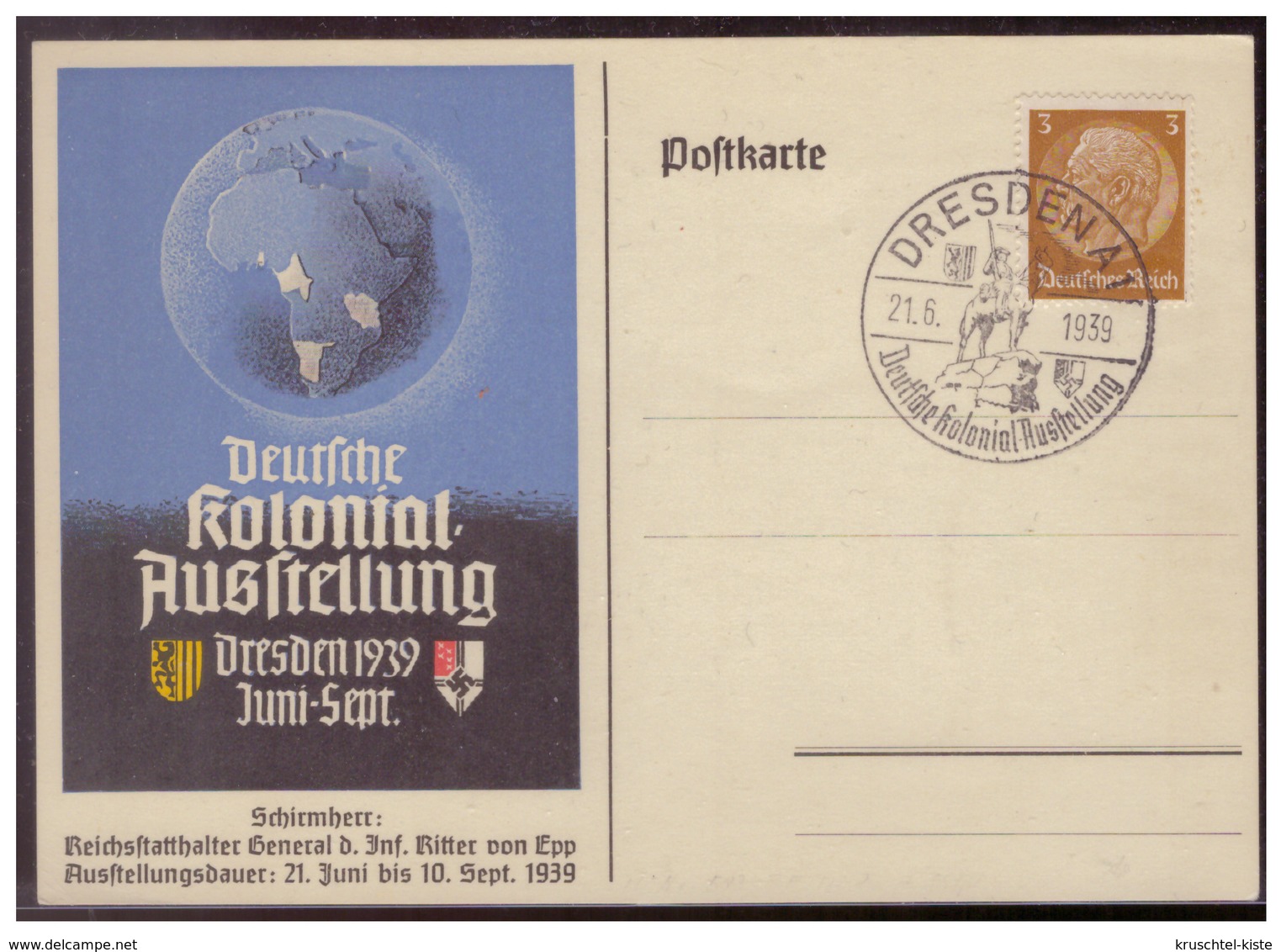 Dt- Reich (007681) Postkarte Propaganda Deutsche Kolonial Ausstellung Dresden, Blanco Gest. Mit SST Dresden Am 24.6.1939 - Briefe U. Dokumente