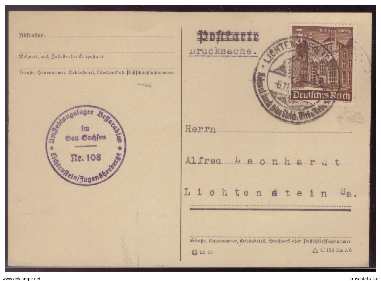 Dt-Reich (007685) Postkarte Mit Umsiedlungslager- Stempel Bessarabien Im Gau- Sachsen, Lichtenstein/ Jugendherberge - Briefe U. Dokumente