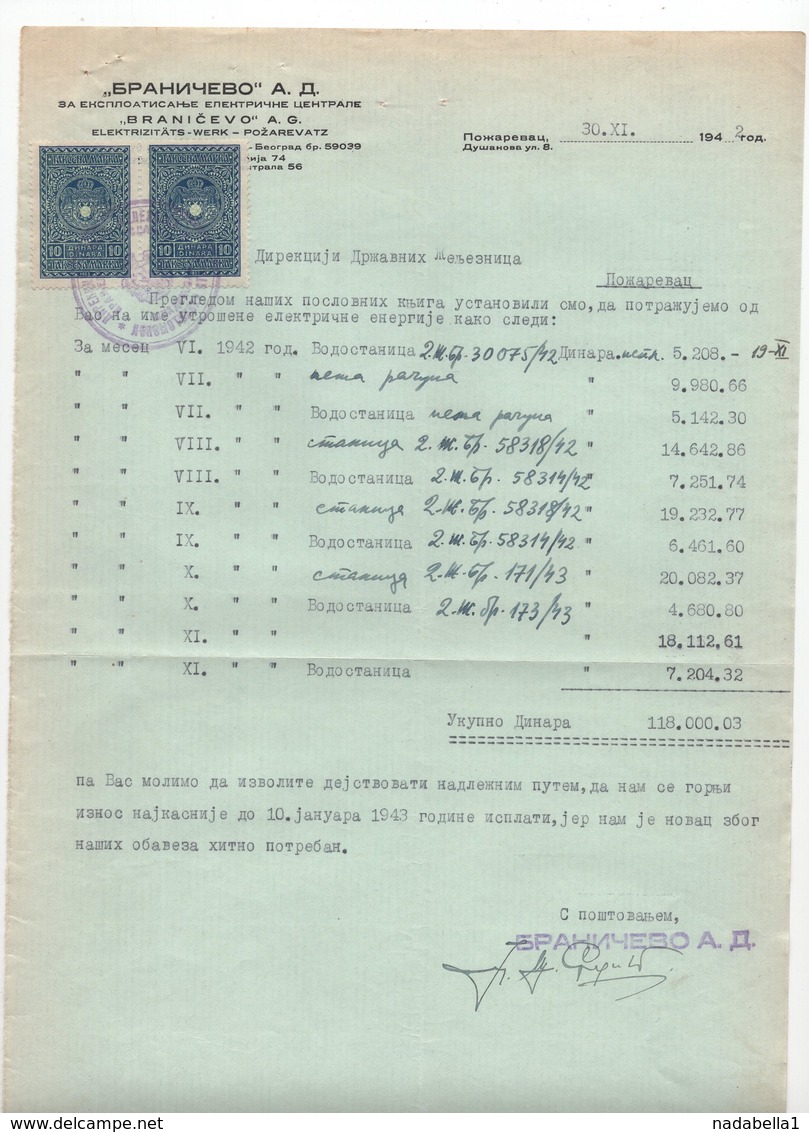 1942 WWII SERBIA,POZAREVAC,BRANICEVO ELECTRIC PLANT,INVOICE FOR ELECTRICITY CONSUMPTION ON COMPANY HEADED PAPER - Other & Unclassified