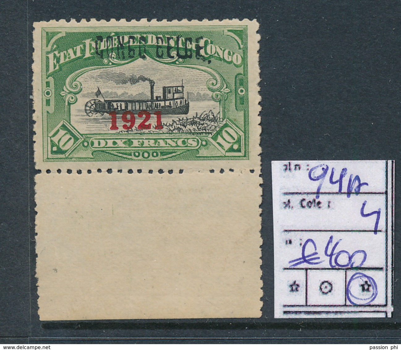 BELGIAN CONGO 1921 ISSUE COB 94A L1 LH VERY NICE STAMP LH SIGNED W BALASSE - Neufs