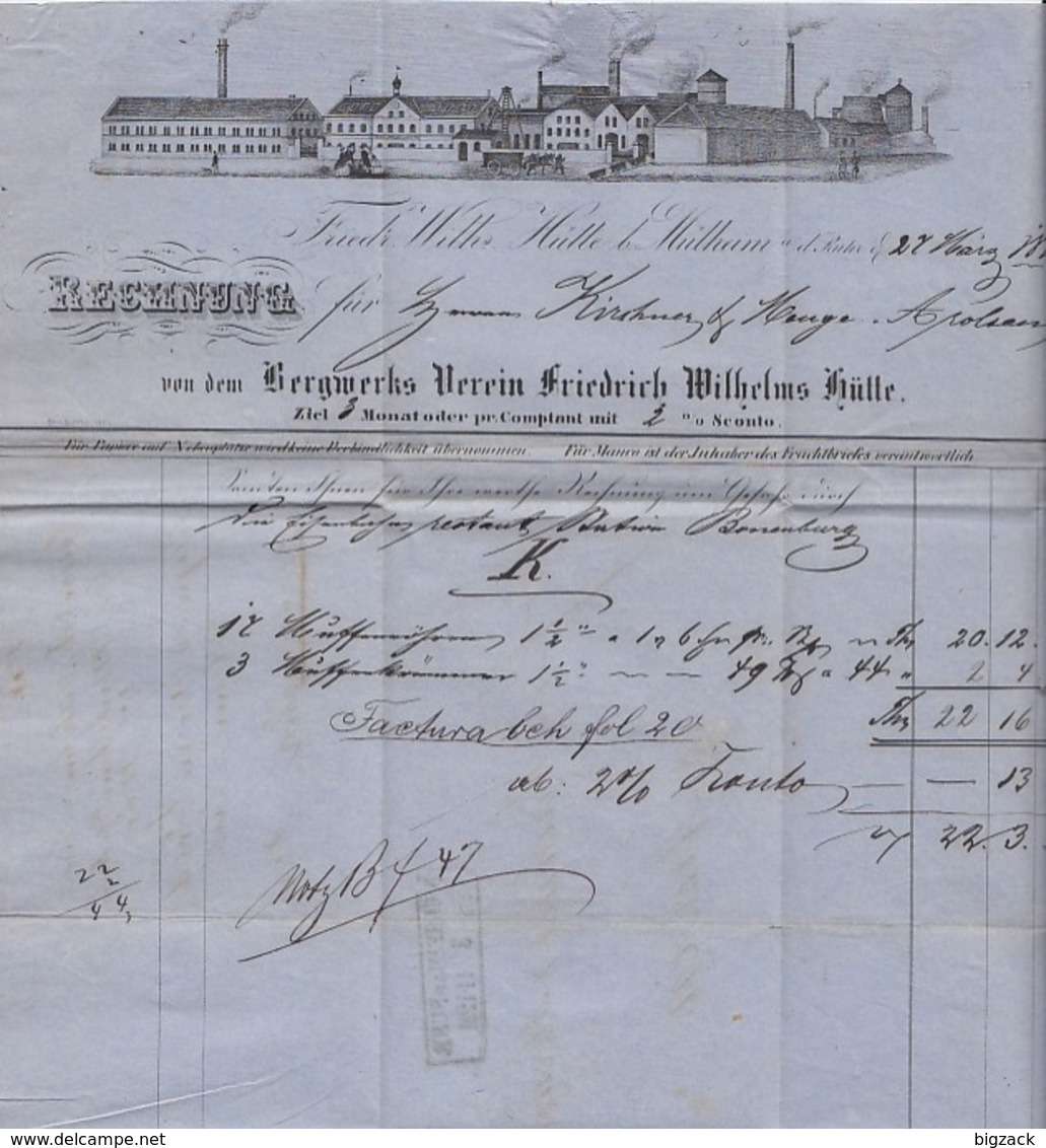 Preussen Brief Rechnung Bergbau Friedrich Wilhelm-Hütte R2 Mülheim A. D. Ruhr 28.3. Gel. Nach Arolsen - Autres & Non Classés