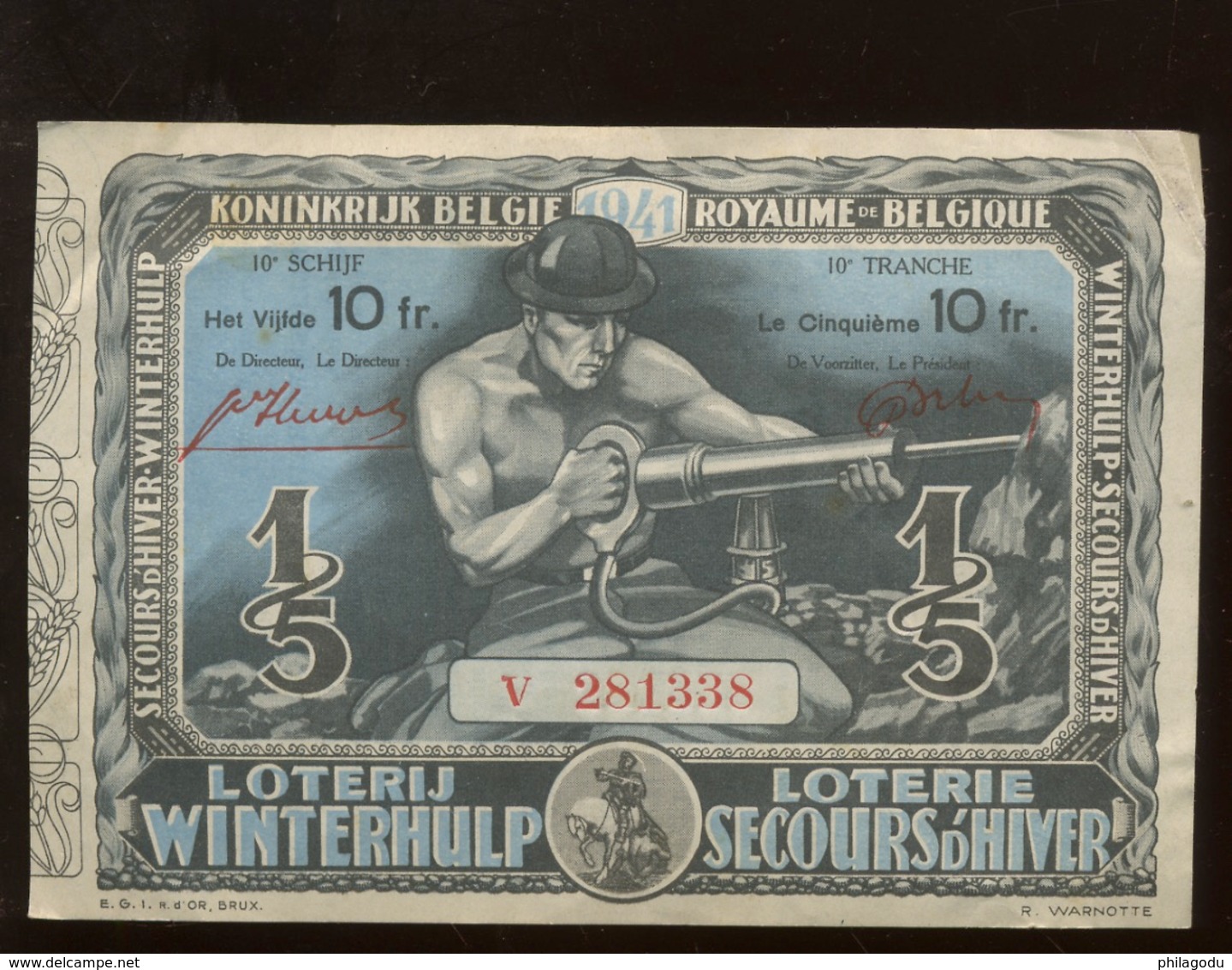 Mineur De Charbon. Coalminer. Billet De Loterie Belge De 1941 - Billets De Loterie