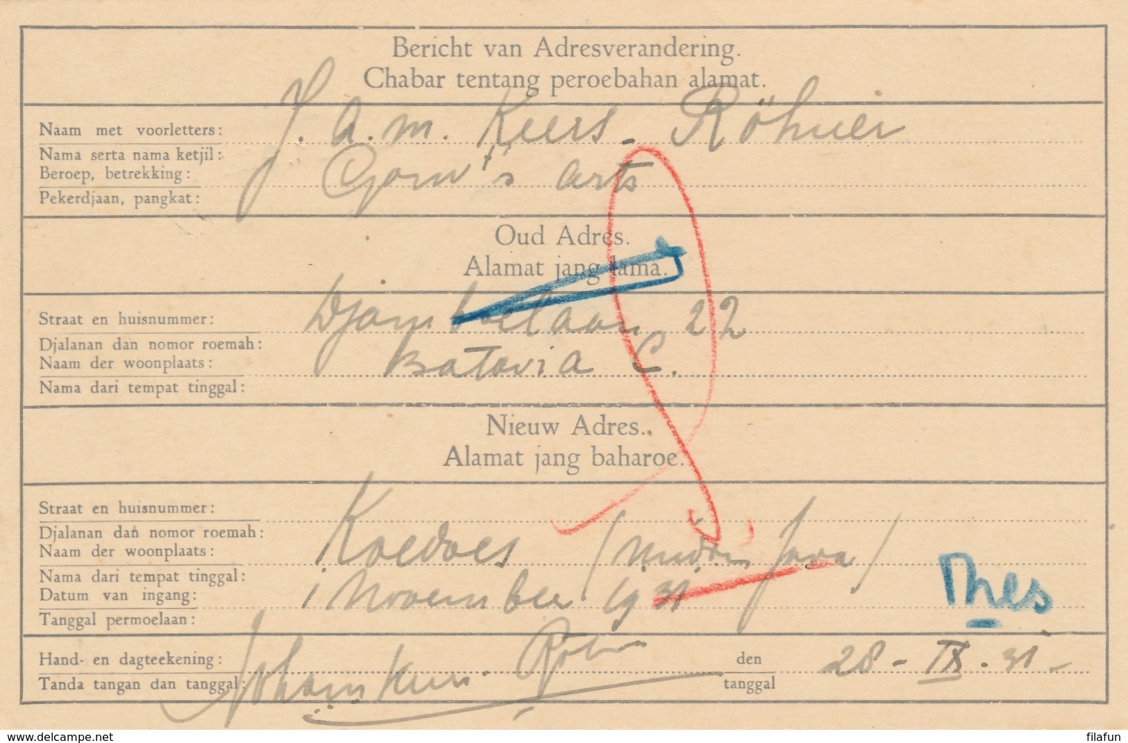 Nederlands Indië - 1931 - 2 Cent Cijfer, Verhuiskaart G8 Lokaal Gebruikt Batavia - Niederländisch-Indien