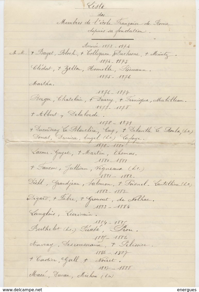 Ecole Française De Rome, Liste Manuscrite Des Membres Depuis Sa Fondation  1873 à 1924, Auteur Charles Samaran? - Documentos Históricos