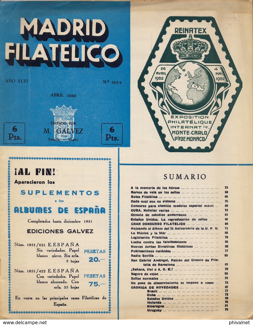 1952 . MADRID FILATÉLICO , AÑO XLVI , Nº 525 / 4 ,  EDITADA POR M. GALVEZ - Espagnol (desde 1941)