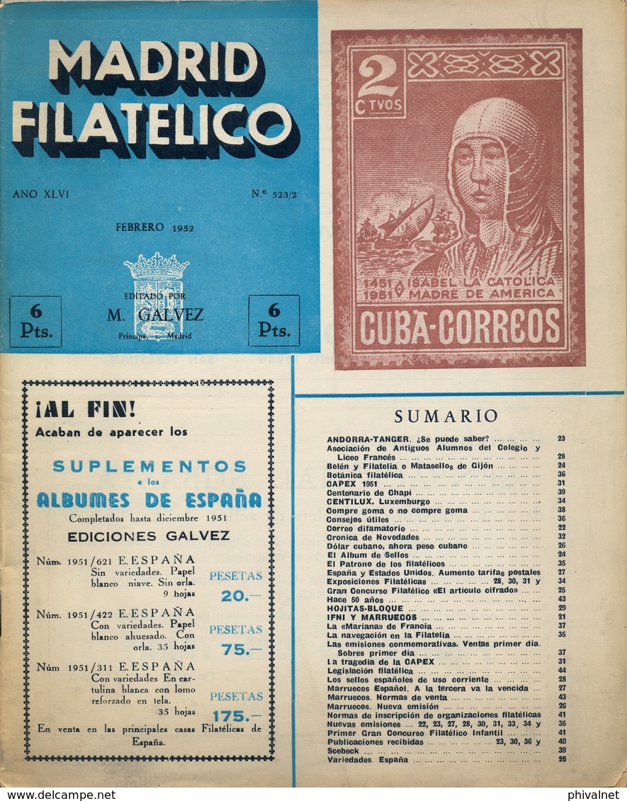 1952 . MADRID FILATÉLICO , AÑO XLVI , Nº 523 / 2 ,  EDITADA POR M. GALVEZ - Spanisch (ab 1941)