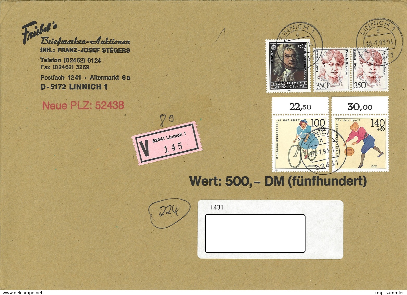 Bund Wertbrief Vom 20.7.1993 Linnich Nach Halberstadt - Covers & Documents