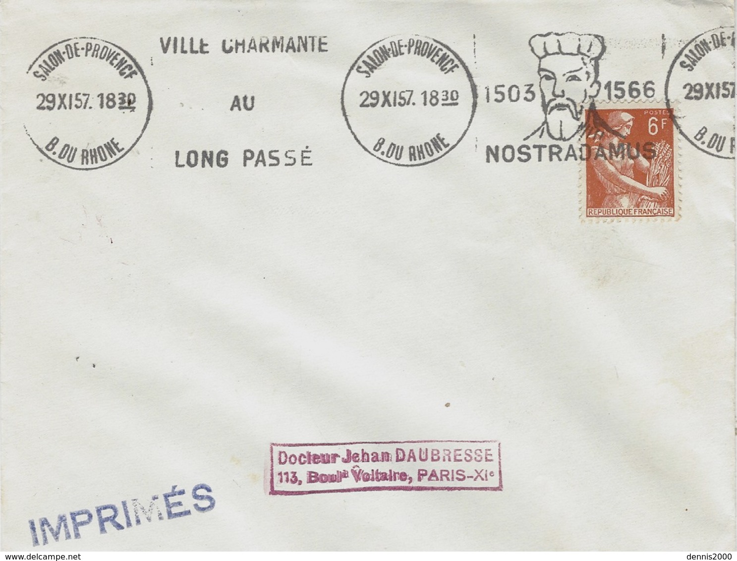 1957- Imprimés Oblit. Krag ILLUSTRE De Salon-de-Provence - NOSTRADAMUS - Mechanical Postmarks (Advertisement)