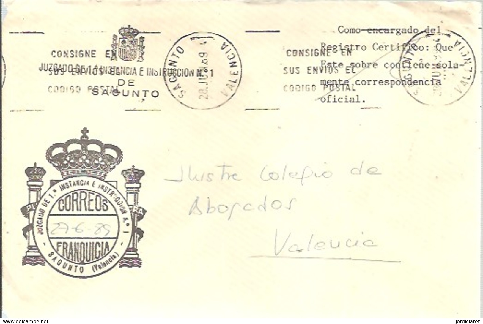 MARCA JUZGAGO SAGUNTO 1989 - Franchise Postale