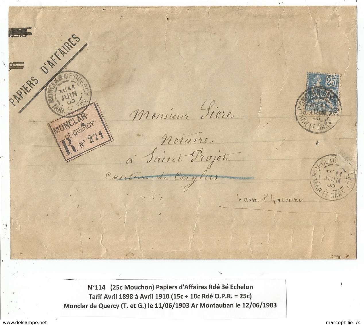 MOUCHON 25C  SEUL PAPIERS AFFAIRES REC  MONCLAR 11 JUIN 1903  AU TARIF 3EME  PEU COMMUN - 1877-1920: Periodo Semi Moderno