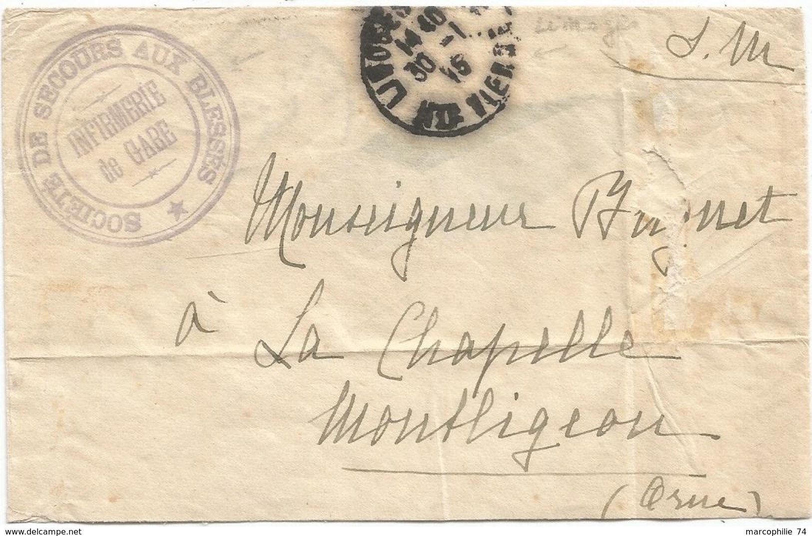 LETTRE FM LIMOGES HTE VIENNE 1915 + CACHET BLEU SOCIETE DE SECOURS AUX BLESSES INFIRMERIE DE GARE POUR ORNE - Guerra Del 1914-18