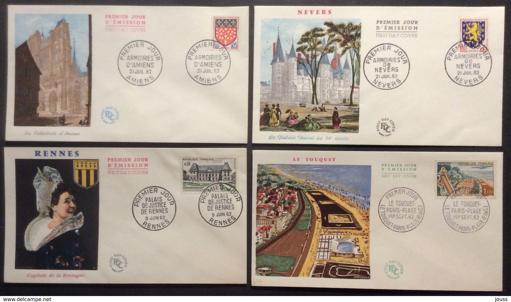 242-1 Armoiries Amiens 1352 Nevers 1354 Rennes 1351 Touquet 1355 FDC Premier Jour Lot 4 Lettre - 1960-1969