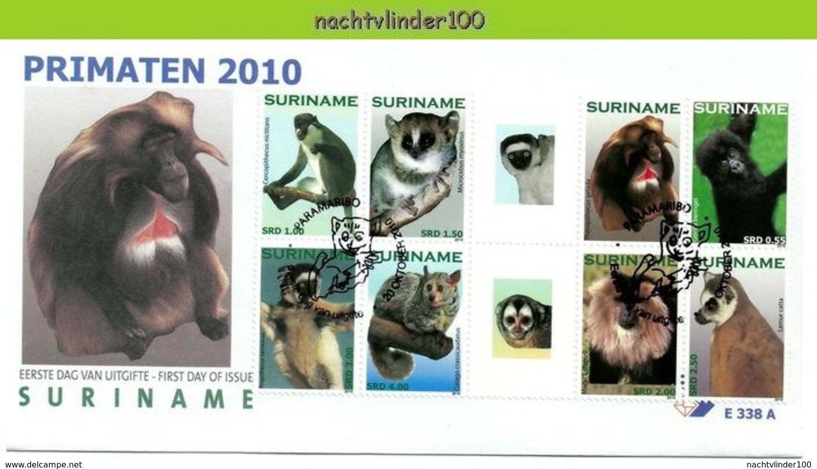 Nfm338A+BBPfb FAUNA AAP APEN ZOOGDIEREN GORILLA *GUTTERPAIR* LEMUR MONKEYS MAMMALS APES AFFEN SINGES SURINAME 2010 FDC's - Apen