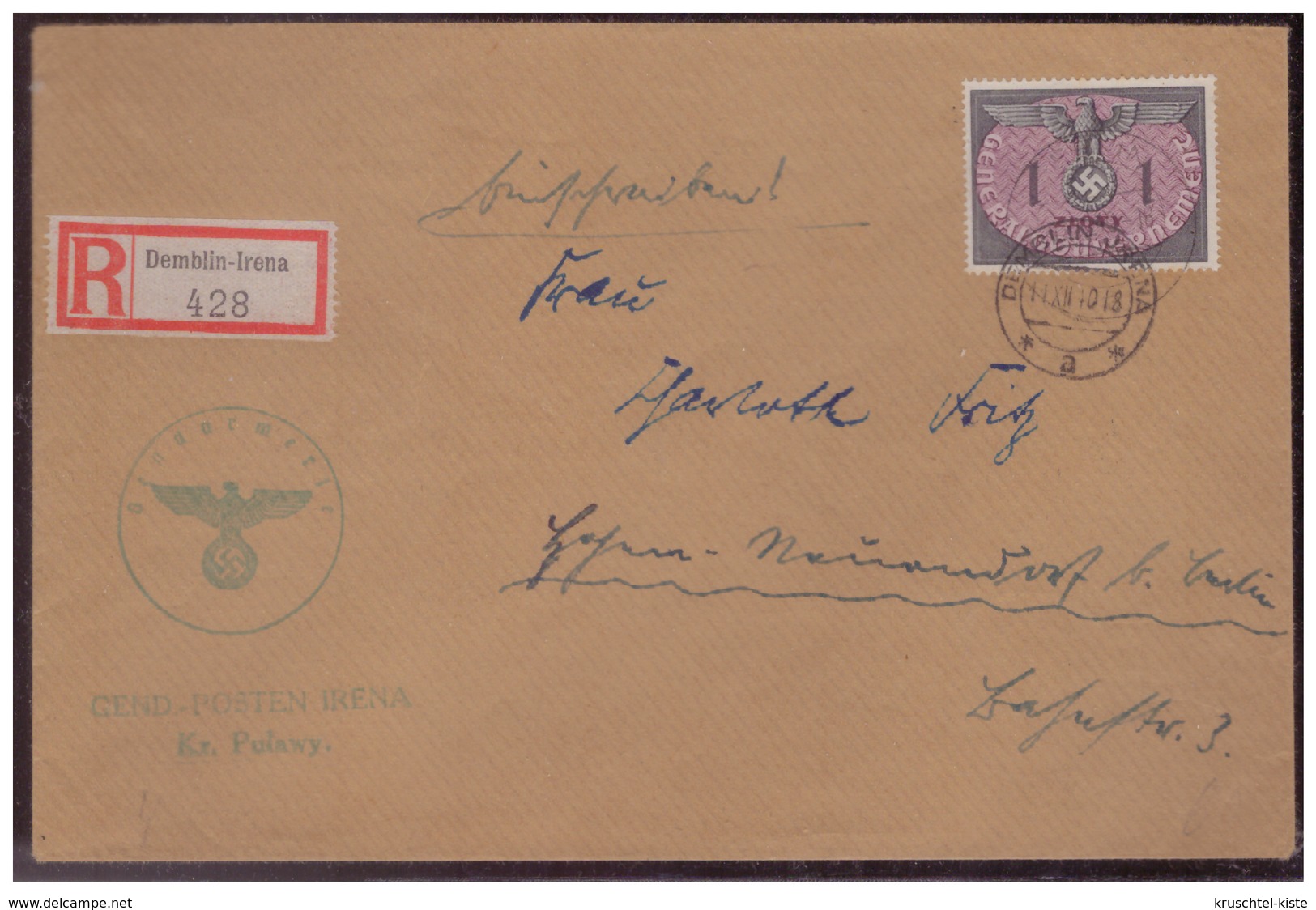 GG (007775)  Einschreiben Mit DM MNR 13 Gelaufen Am 11.12.1940 Demblin/ Gr. Posten Irena Mit Dienststempel - Occupation 1938-45