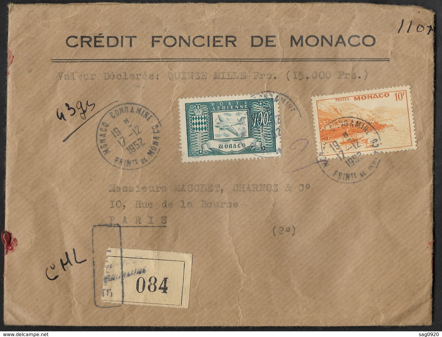 Monaco-Enveloppe De Monaco En Valeur Déclarée - Lettres & Documents