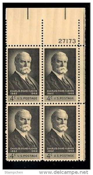 Plate Block -1962 USA Charles Evans Hughes Stamp Sc#1195 Famous Chief Justice Of USA - Plate Blocks & Sheetlets