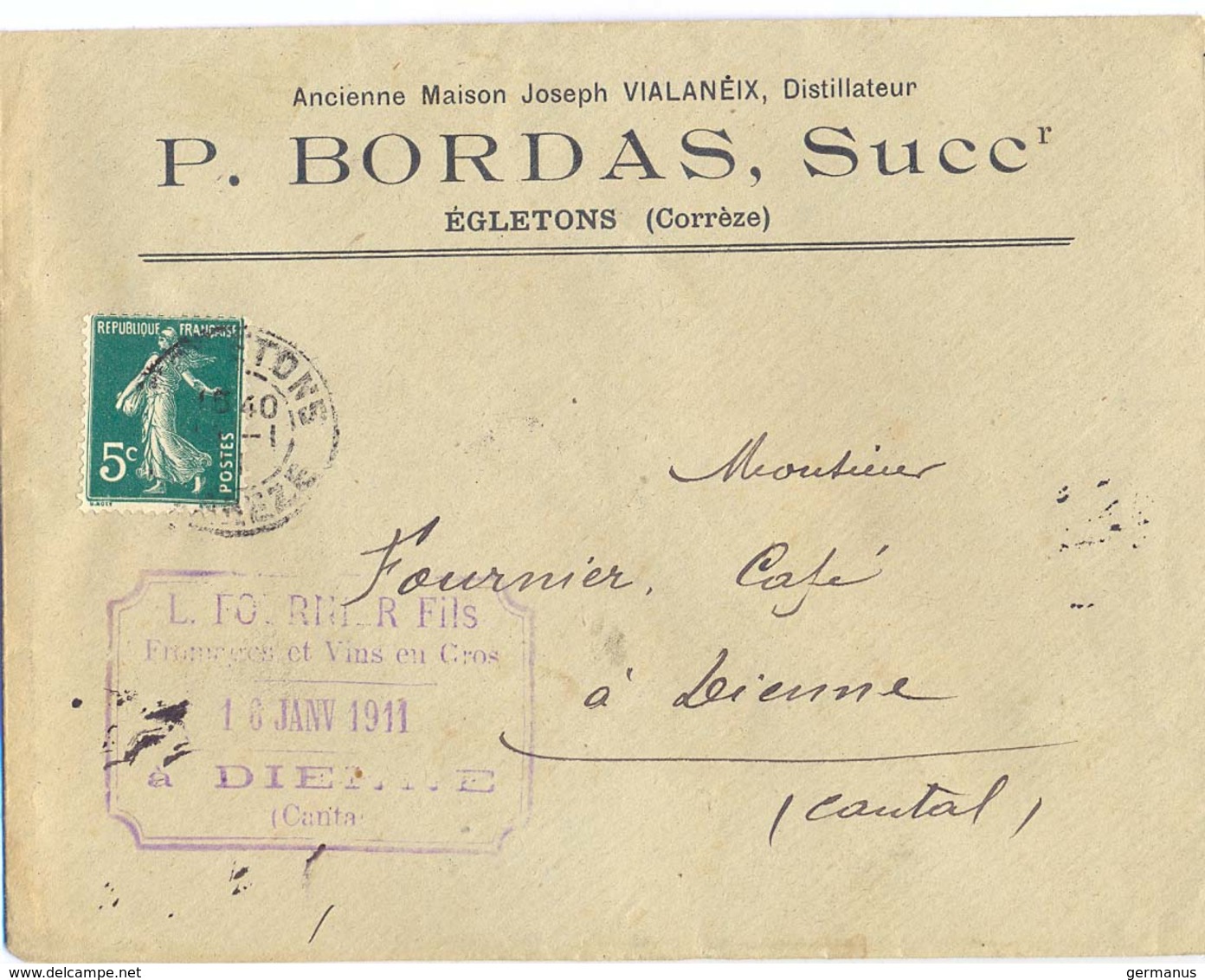 P. BORDAS ÉGLETONS CORREZE TàD 9-1-11 (1911) - 1877-1920: Période Semi Moderne