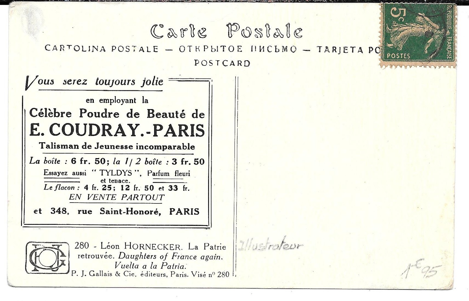 Cpa Illustrateur Léon Hornecker / La Patrie Retrouvée + Pub E. Coudray , Paris . (verso). - Heimat