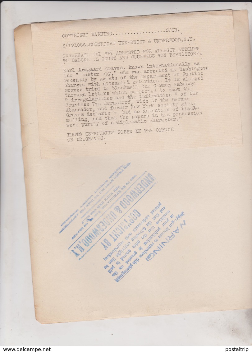 INTERNATIONAL SPY KARL ARMGAARD GRAVES WASHINGTON GERMAN EMBASSY  25*20CM Fonds Victor FORBIN 1864-1947 - Guerra, Militares