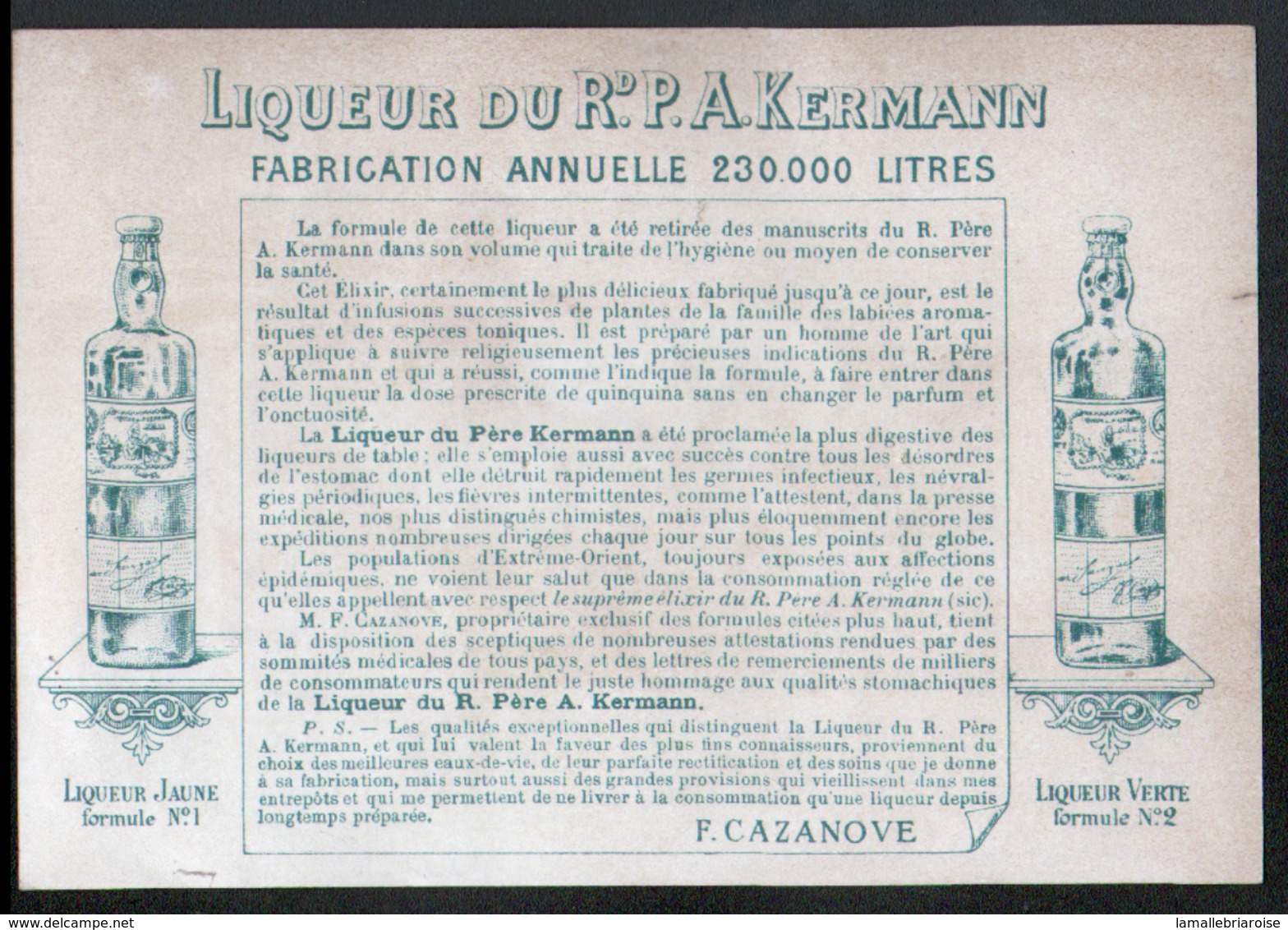 Chromo Liqueur Du Rd Pere A. Kermann, Maison Cazanove, Bordeaux - Alcoholes