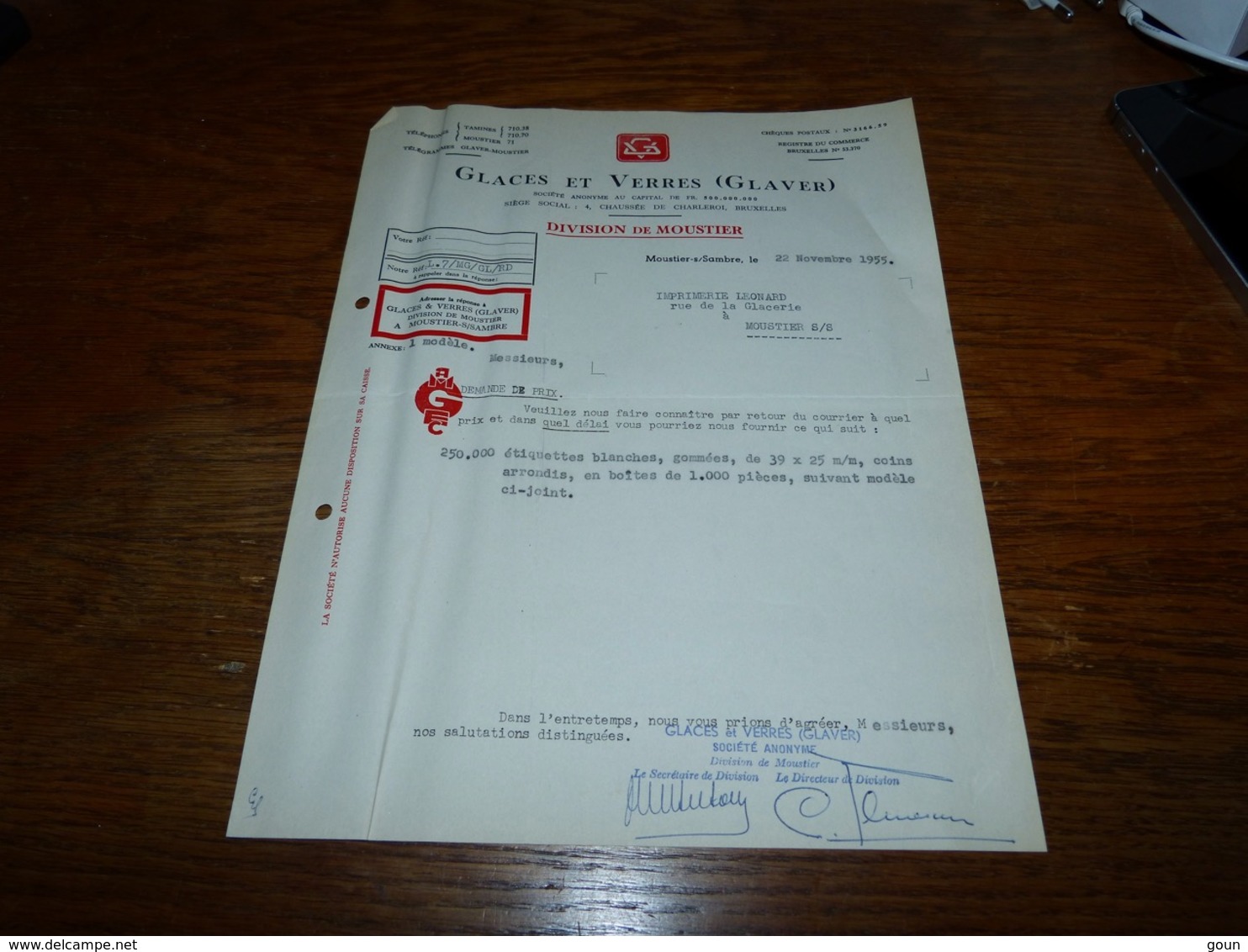 FF5  2 Documents Facture Document Commercial  Glaces Et Verres Glaver Division Moustier Sur Sambre 1955 - 1900 – 1949