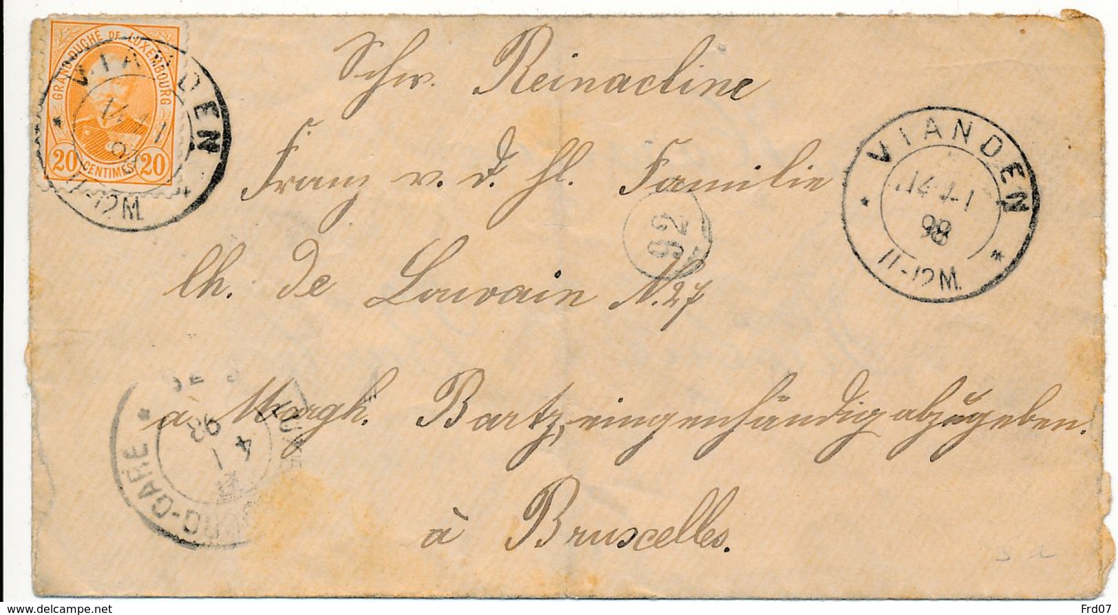 Luxembourg – Lettre De Vianden 14/1 98 Via Luxembourg Gare Vers Bruxelles 15 JANV 98 - 1891 Adolphe Frontansicht