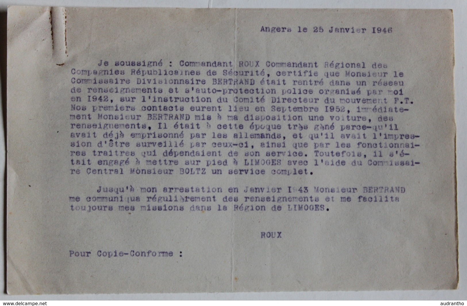 4 Attestations Participation à La Résistance Roux Commandant CRS Limoges Bertrand René Falaise Guerre WWII 39-45 - 1939-45