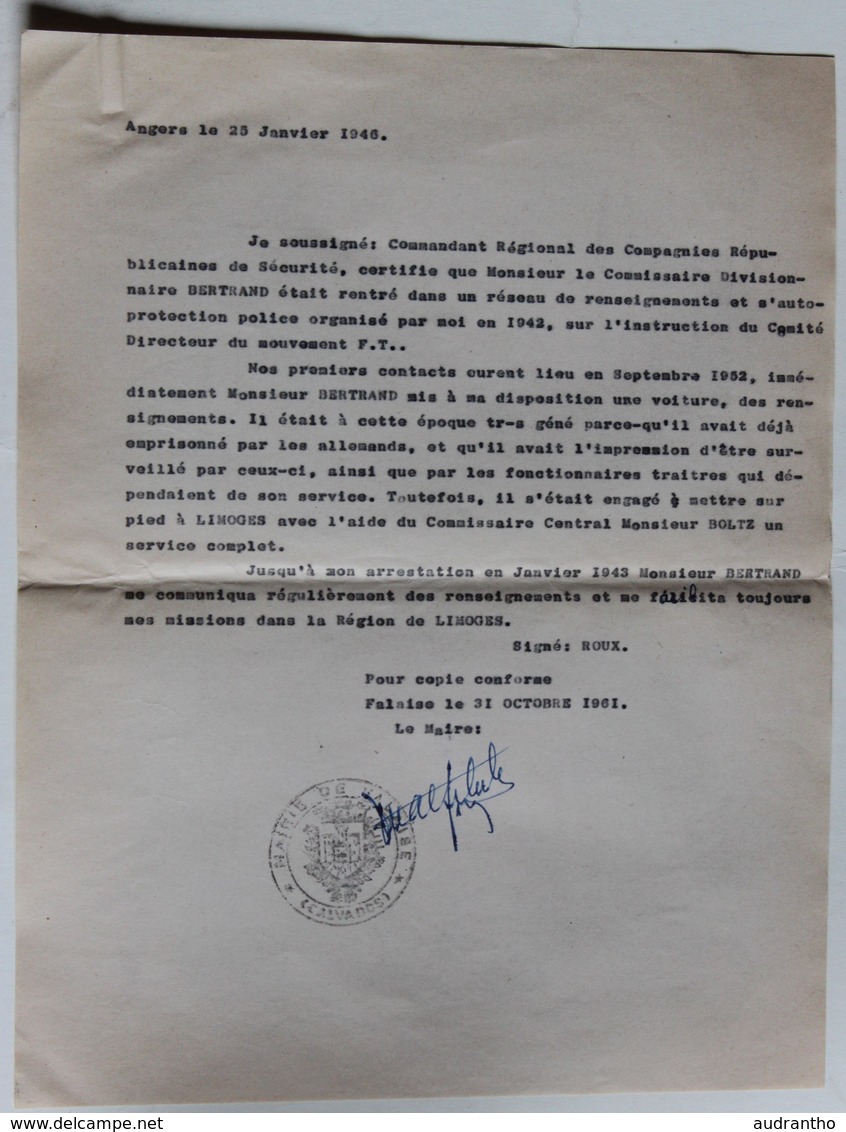 4 Attestations Participation à La Résistance Roux Commandant CRS Limoges Bertrand René Falaise Guerre WWII 39-45 - 1939-45