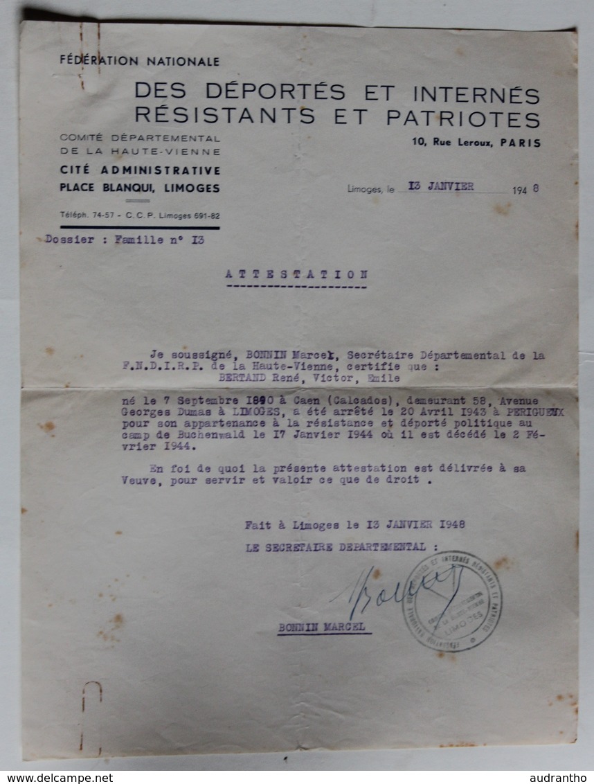 Attestation Participation à La Résistance Bonnin Marcel FNDIRP Limoges Bertrand René Falaise Guerre WWII 39-45 - 1939-45