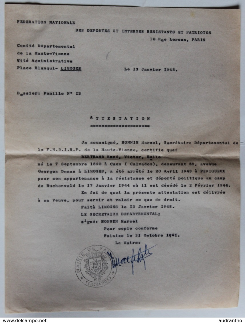 Attestation Participation à La Résistance Bonnin Marcel FNDIRP Limoges Bertrand René Falaise Guerre WWII 39-45 - 1939-45