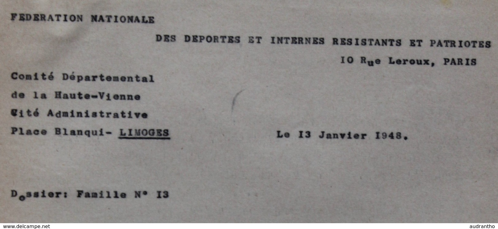 Attestation Participation à La Résistance Bonnin Marcel FNDIRP Limoges Bertrand René Falaise Guerre WWII 39-45 - 1939-45