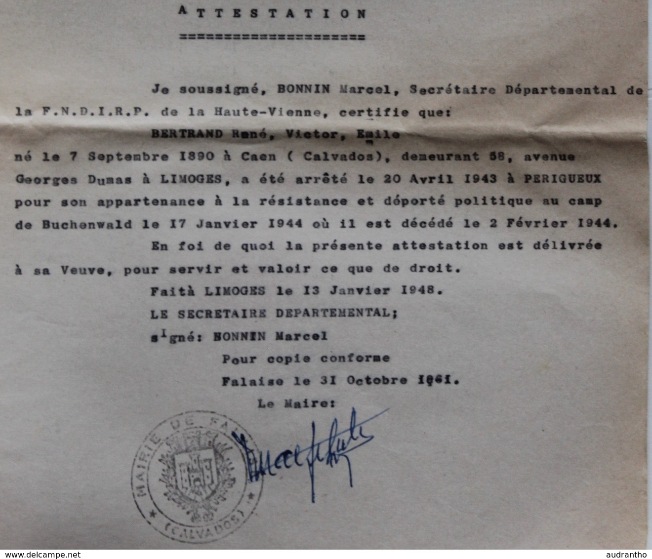 Attestation Participation à La Résistance Bonnin Marcel FNDIRP Limoges Bertrand René Falaise Guerre WWII 39-45 - 1939-45