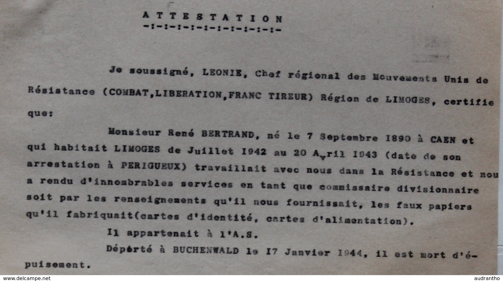 3 Attestation Participation Résistance Léonie Chef Mouvements Unis De Résistance Limoges Bertrand René Falaise WWII - 1939-45