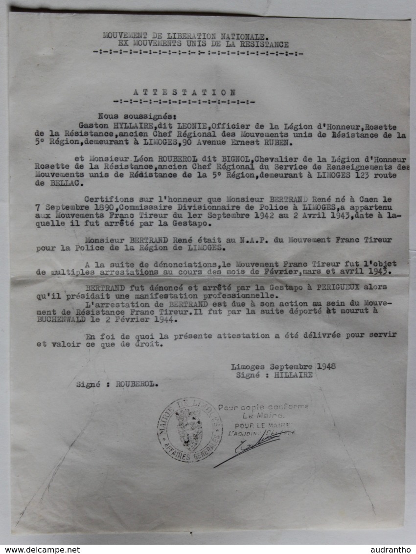 Attestation Participation Résistance Léonie Bignol Chef Mouvements Unis Résistance Limoges Bertrand René Falaise WWII - 1939-45