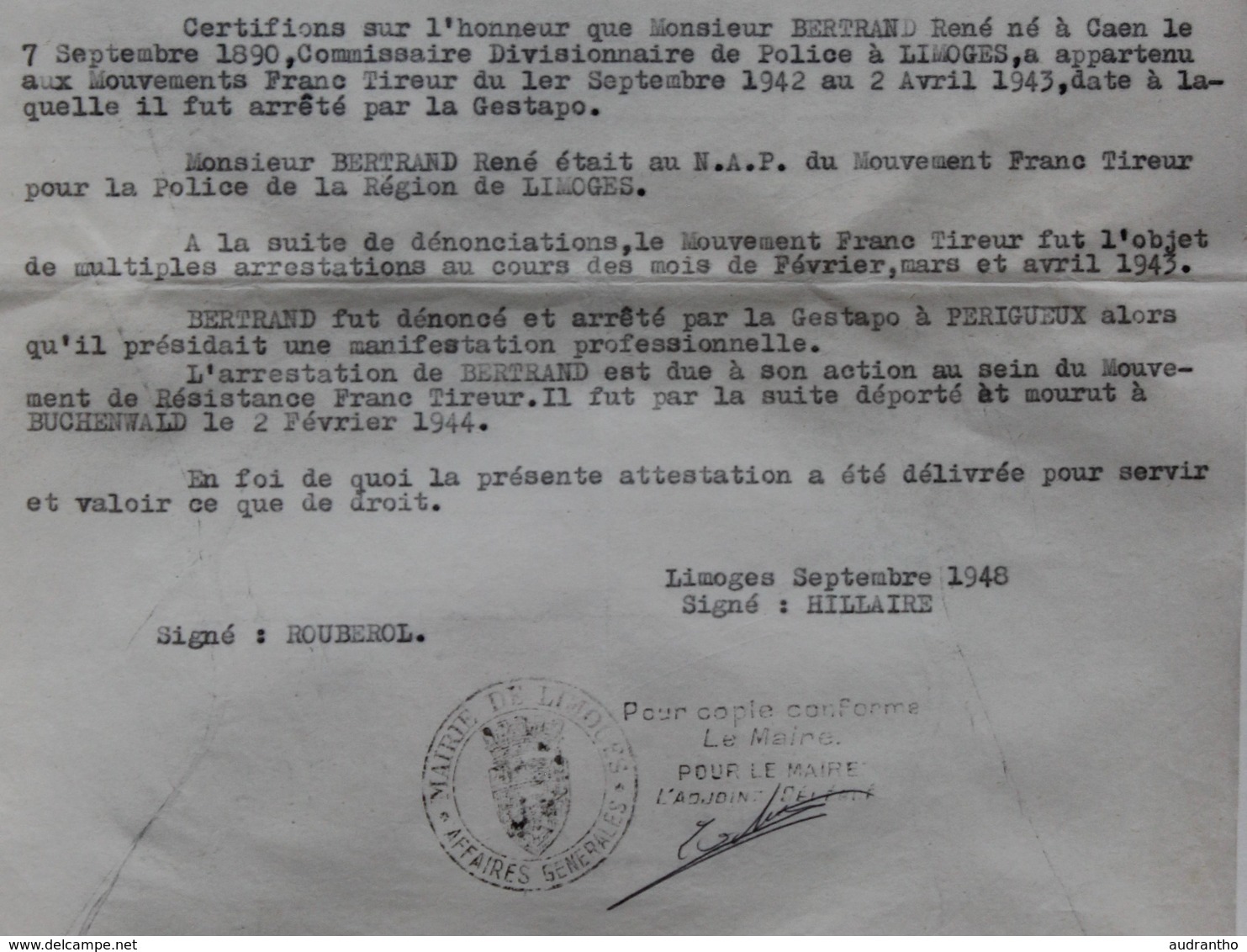 Attestation Participation Résistance Léonie Bignol Chef Mouvements Unis Résistance Limoges Bertrand René Falaise WWII - 1939-45