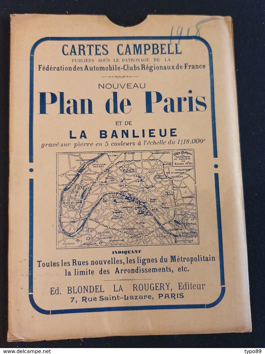 234 - Nouveau Plan De Paris Et De Banlieue - 1/18000è - Carte Campbell - 1918 - Kaarten & Atlas