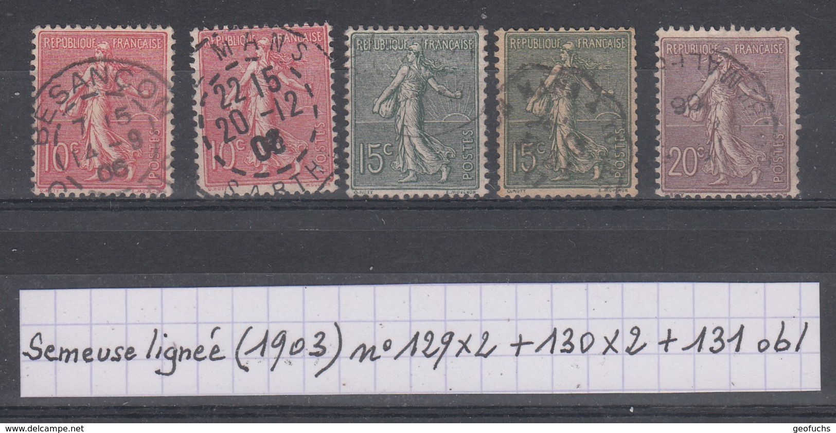 France Semeuse Lignée (1903) Y/T N° 129X2 + 130X2 + 131 Oblitérés - 1903-60 Semeuse Lignée