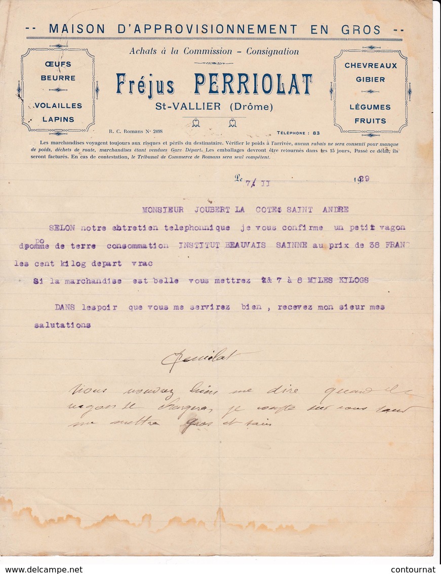 26 SAINT VALLIER COURRIER 1911 Maison D' Approvisionnement  Volailles Gibier Légumes PERRIOLAT X74 Drôme St - 1900 – 1949