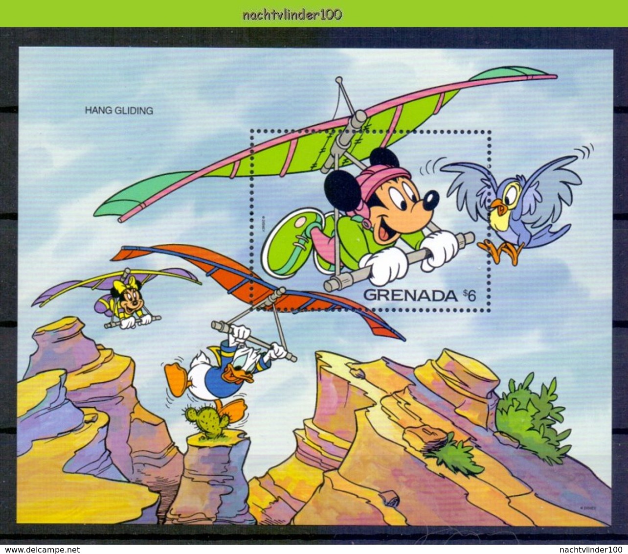 Nfg423 WALT DISNEY SPORTS MICKEY MINNIE DONALD WITH A DELTA WING FLYING HANG GLIDING CACTUS BIRD GRENADA 1992 PF/MNH - Disney