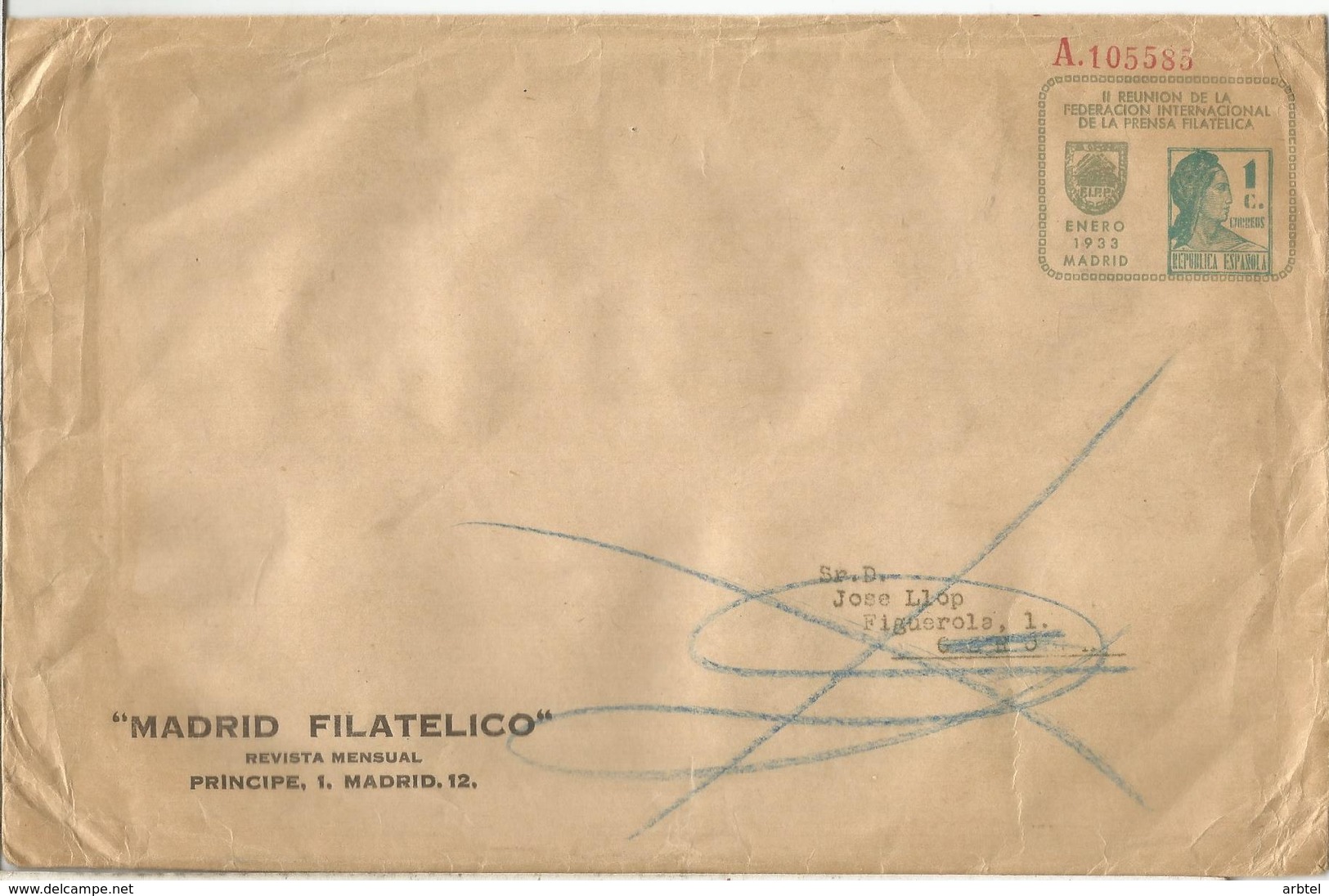 SPAIN STATINERY COVER 1933 PHILATELIC PRESS CONFERENCE - 1850-1931